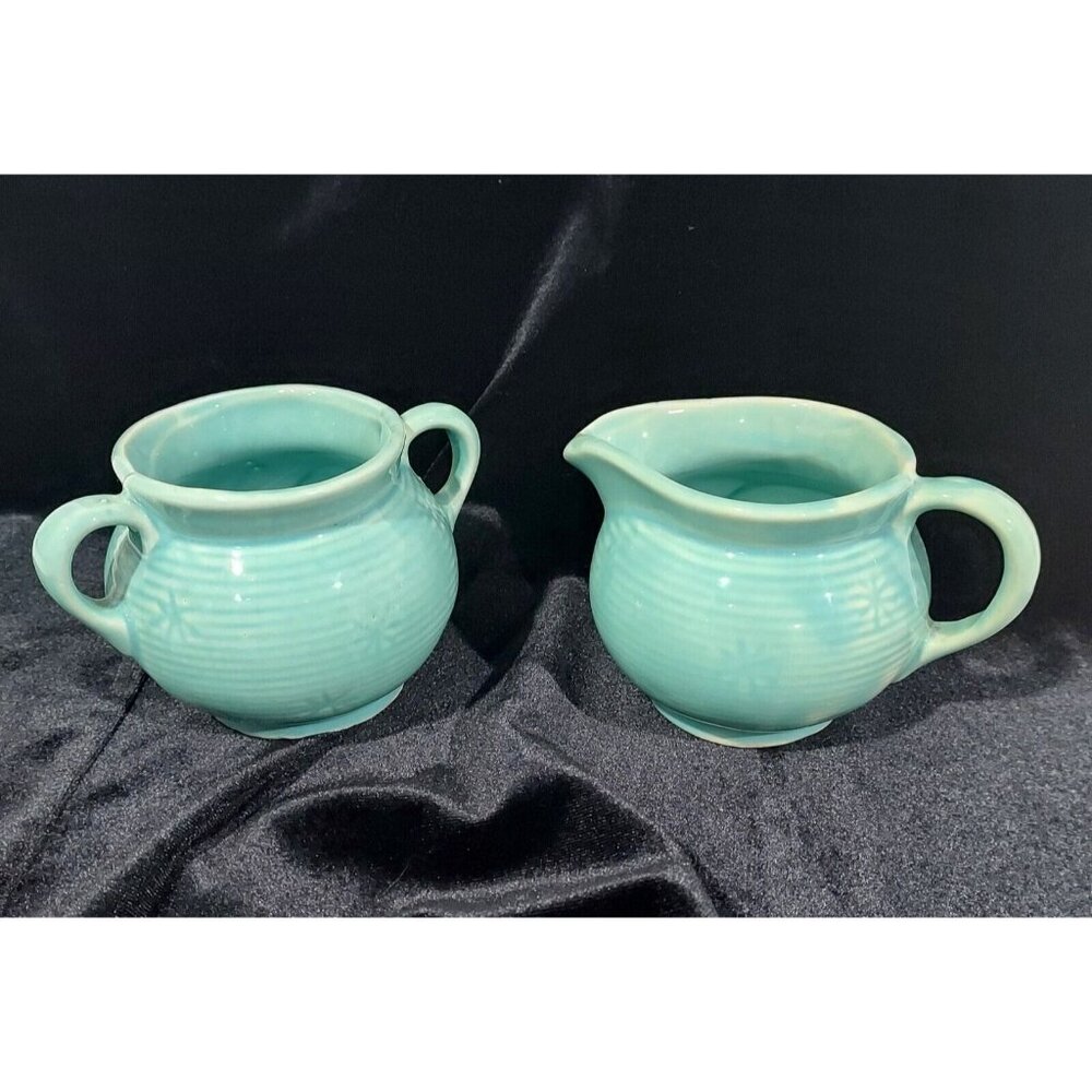 Shawnee MCM Made In USA Creamer & Sugar Bowl Snowflake Turquoise Blue Star Burst